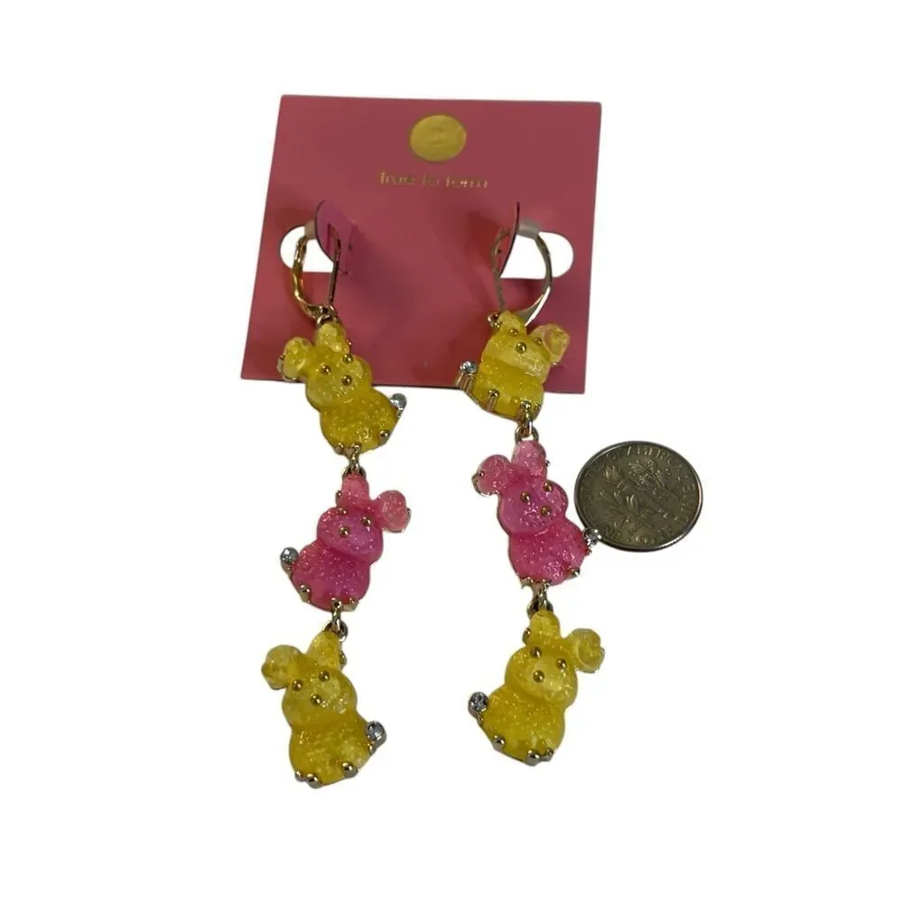 Betsey Johnson Glittery Yellow & Pink Peeps Dangle Earrings w/Rhinestone Accents